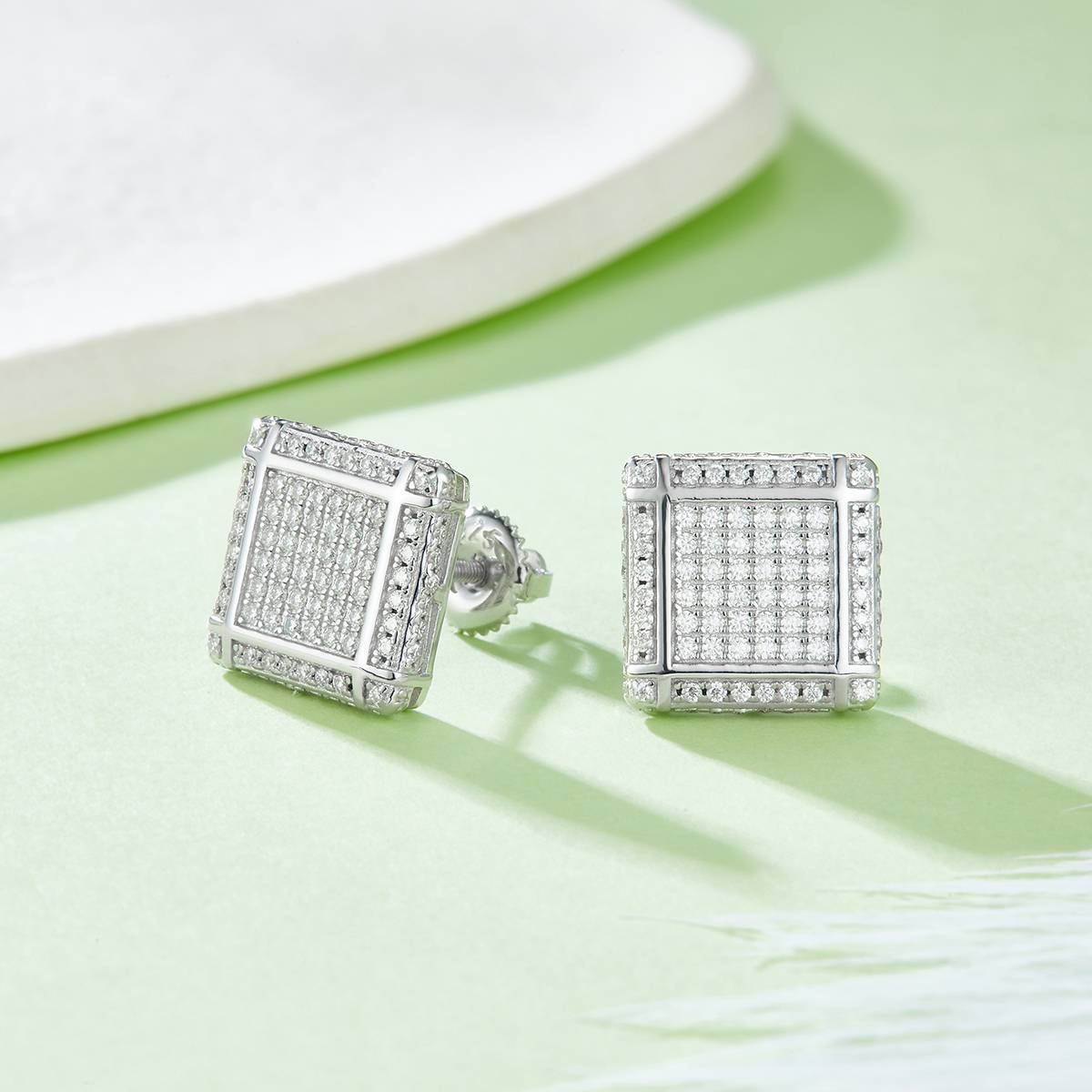 Square grid S925 silver ear nail with thread Moissanite grade D 0.77CT